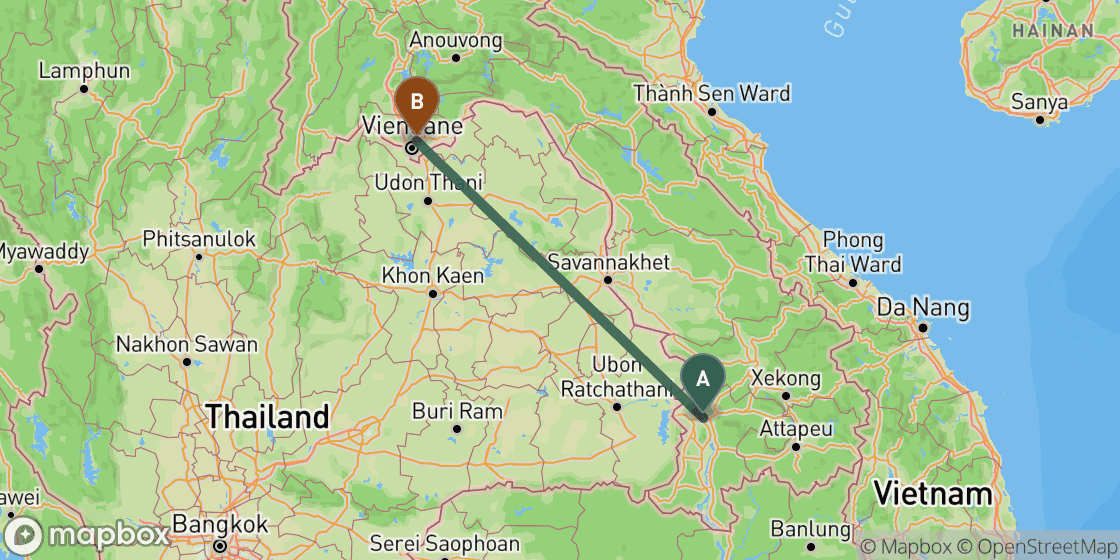Map showing route from Pakse to Vientiane - 463 km