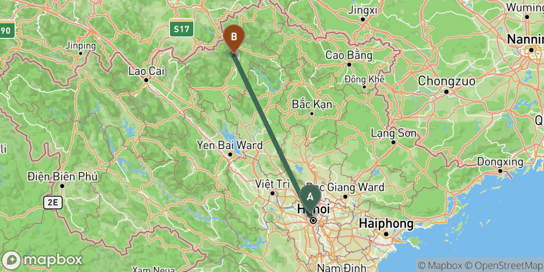 Map showing route from Hanoi to Ha Giang - 211 km