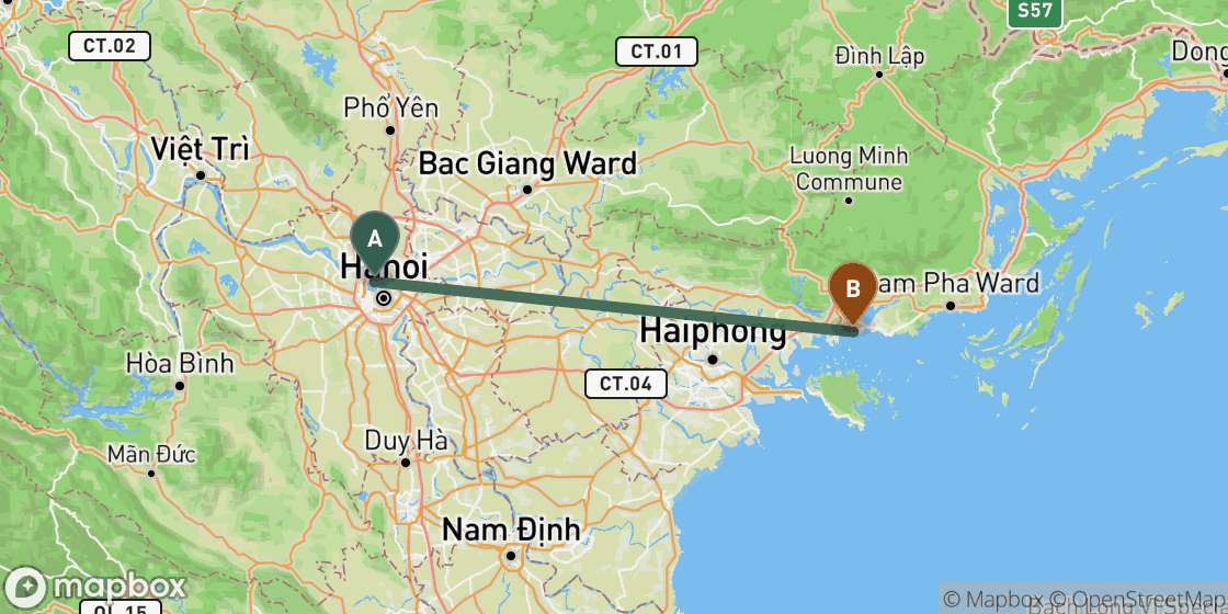 Map showing route from Hanoi to Halong Bay - 142 km