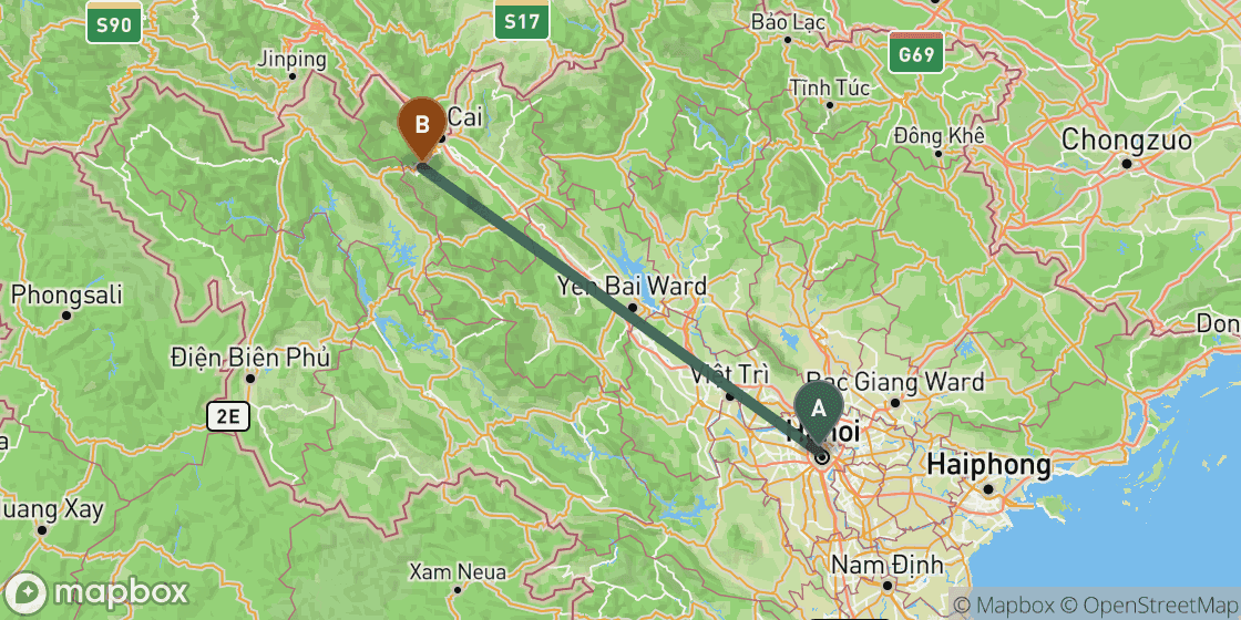 Carte montrant l’itinéraire de Hanoi à Sapa - 253 km