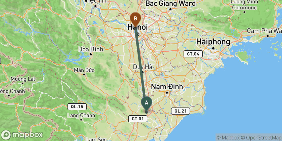 Map showing route from Ninh Binh to Hanoi - 86 km