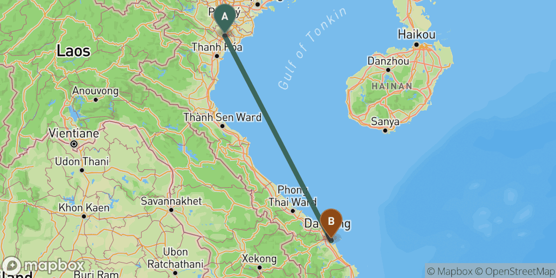 Mapa que muestra la ruta de Ninh Binh a Hoi An - 547 km