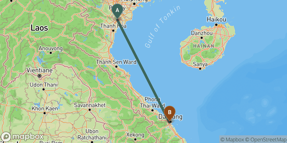 Mapa que muestra la ruta de Ninh Binh a Da Nang - 522 km