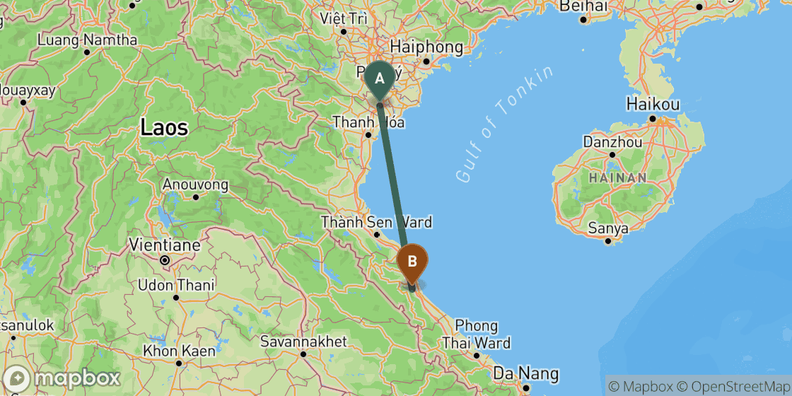 Map showing route from Ninh Binh to Phong Nha - 296 km