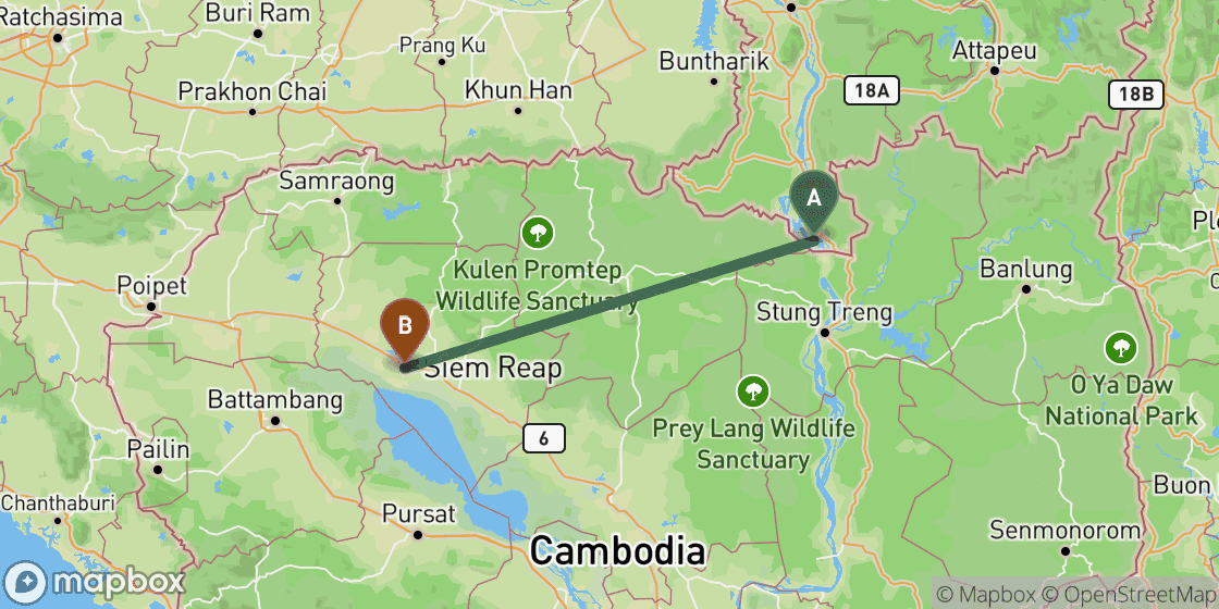 Map showing route from Don Det to Siem Reap - 233 km