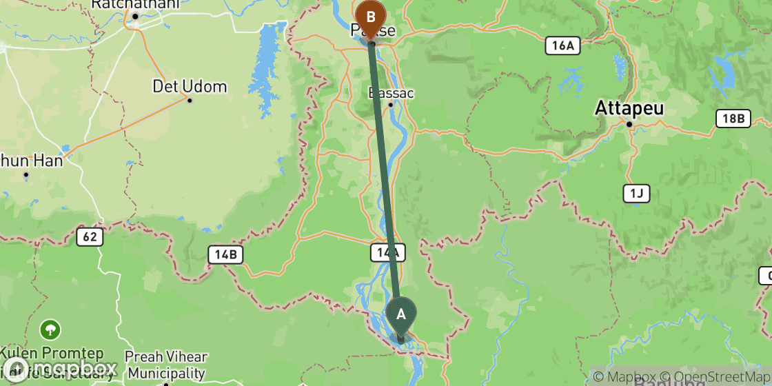 Map showing route from Don Det to Pakse - 128 km