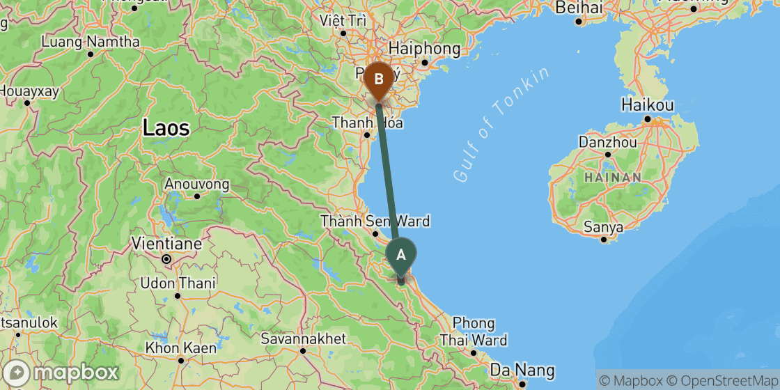Kaart met de route van Phong Nha naar Ninh Binh - 292 km