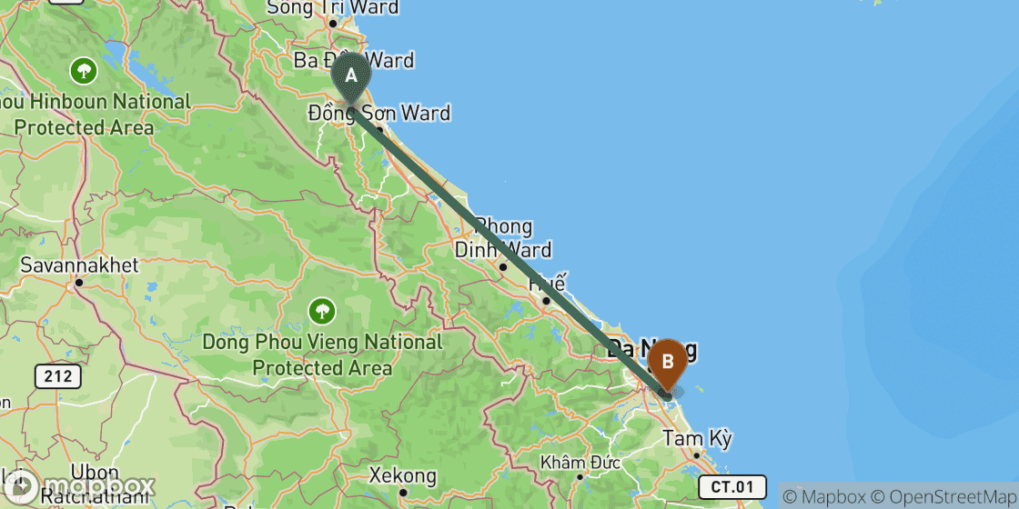 Carte montrant l’itinéraire de Phong Nha à Hoi An - 289 km