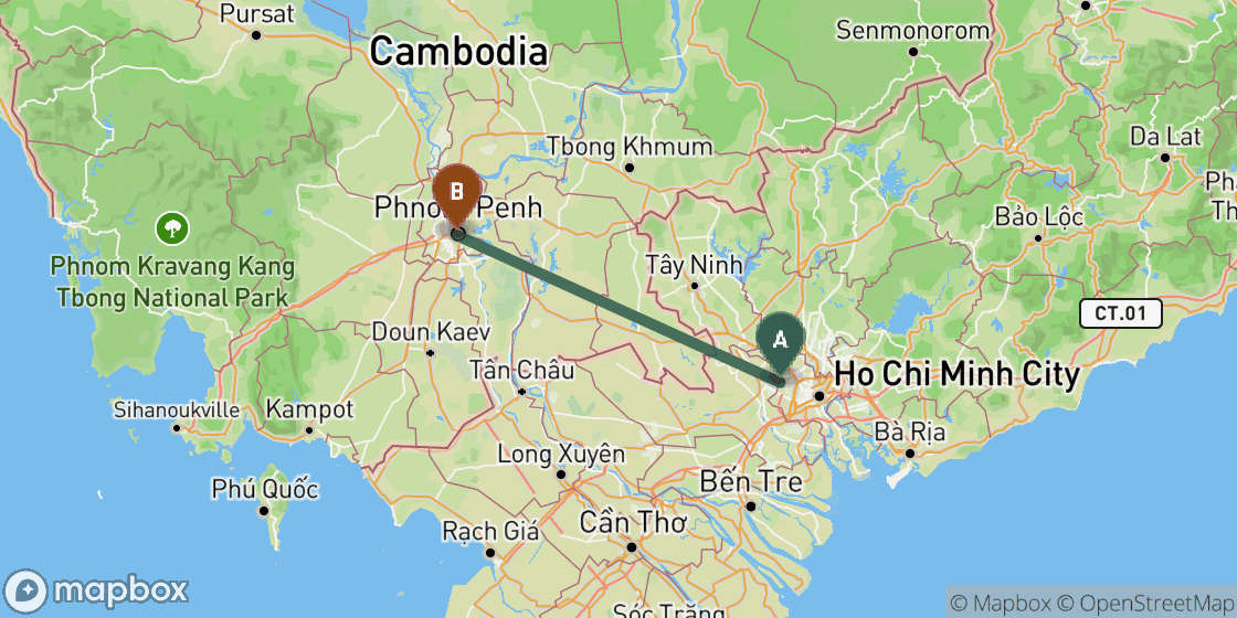 Kaart met de route van Ho Chi Minh naar Phnom Penh - 213 km