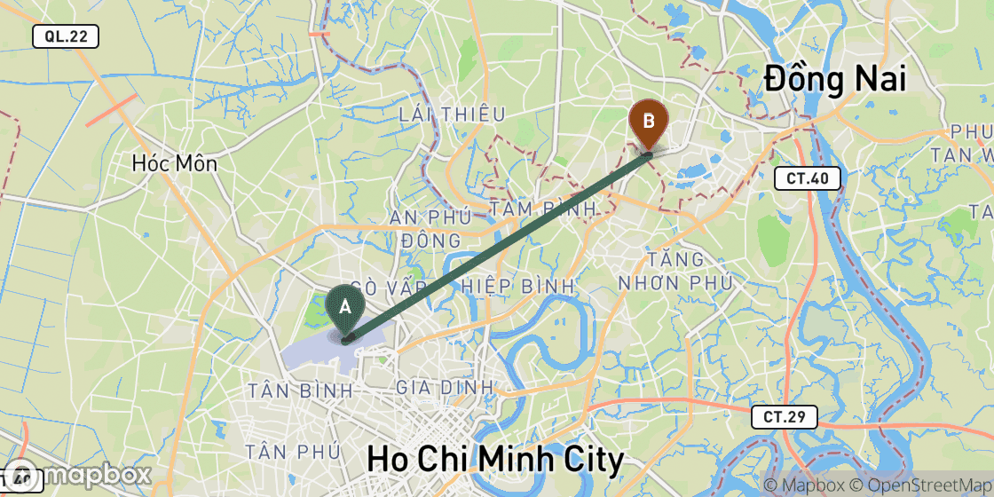 Carte montrant l’itinéraire de Ho Chi Minh Airport à Ho Chi Minh City Centre - 7 km