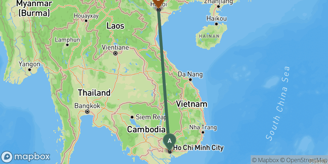 Mapa que muestra la ruta de Ho Chi Minh a Hanoi - 1.143 km