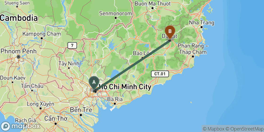 Kaart met de route van Ho Chi Minh naar Dalat - 229 km