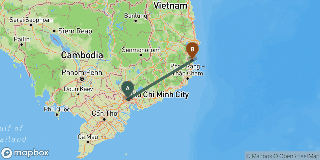 Karte mit der Route von Ho Chi Minh nach Nha Trang - 317 km