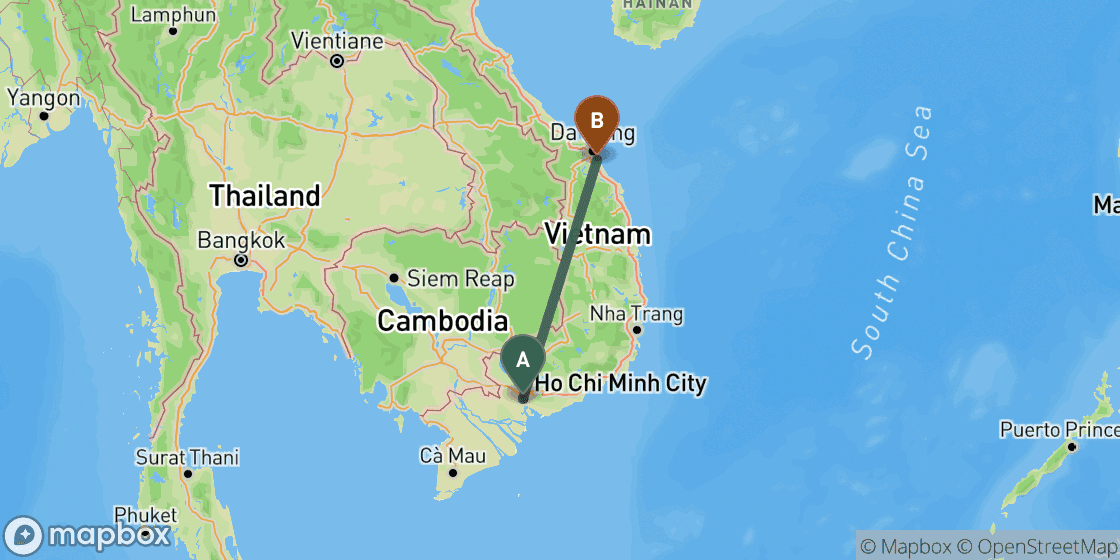 Mapa que muestra la ruta de Ho Chi Minh a Hoi An - 594 km