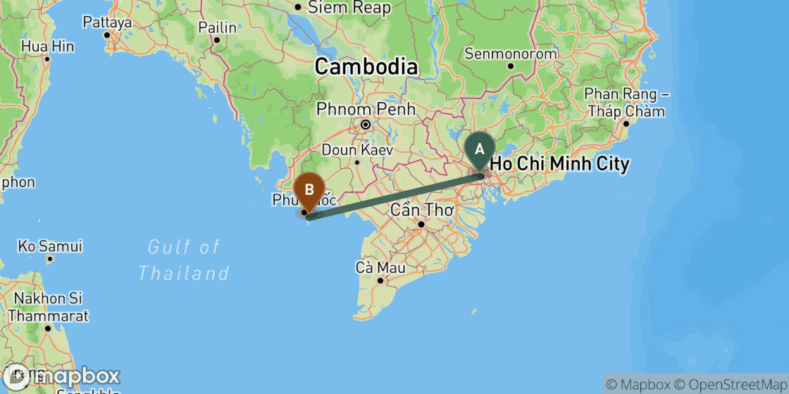 Mapa que muestra la ruta de Ho Chi Minh a Phu Quoc - 306 km