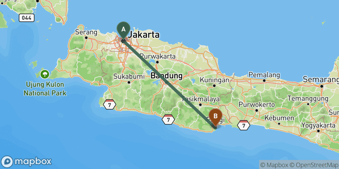 Kaart met de route van Jakarta naar Batu Karas - 254 km