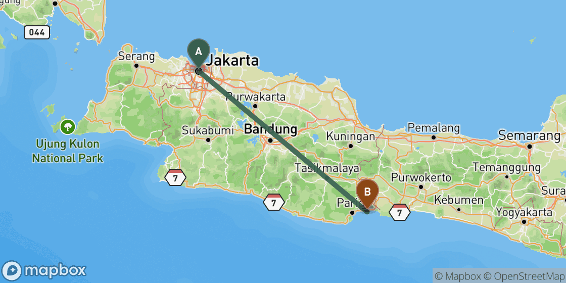 Map showing route from Jakarta to Pangandaran - 263 km