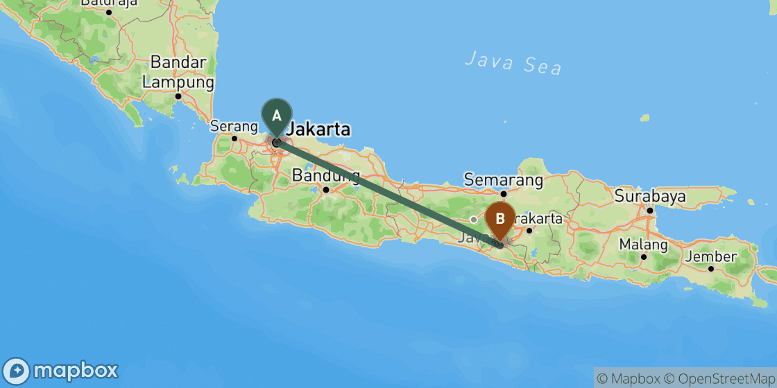Karte mit der Route von Jakarta nach Yogyakarta - 430 km