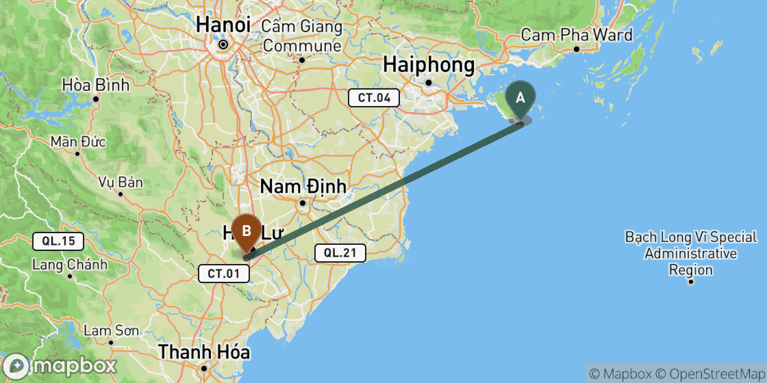 Carte montrant l’itinéraire de CatBa à Ninh Binh - 129 km