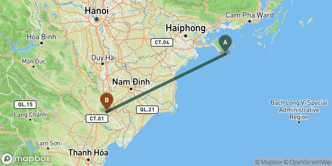 Map showing route from CatBa to Ninh Binh - 129 km