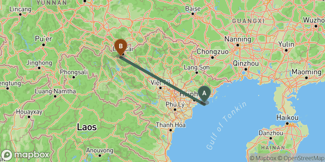 Map showing route from CatBa to Sapa - 377 km