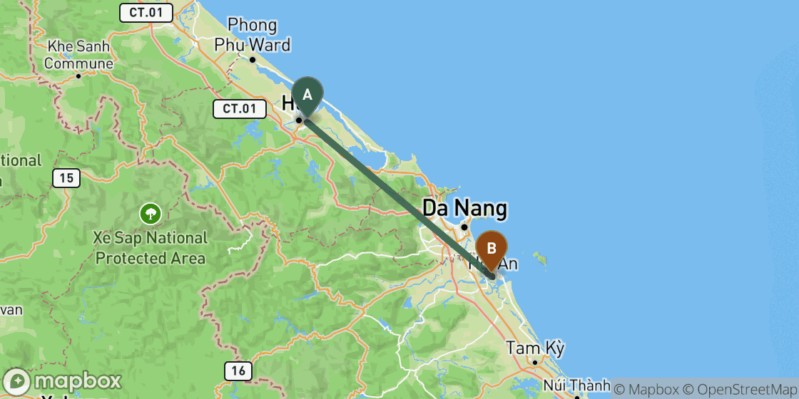 Map showing route from Hue to Hoi An - 103 km