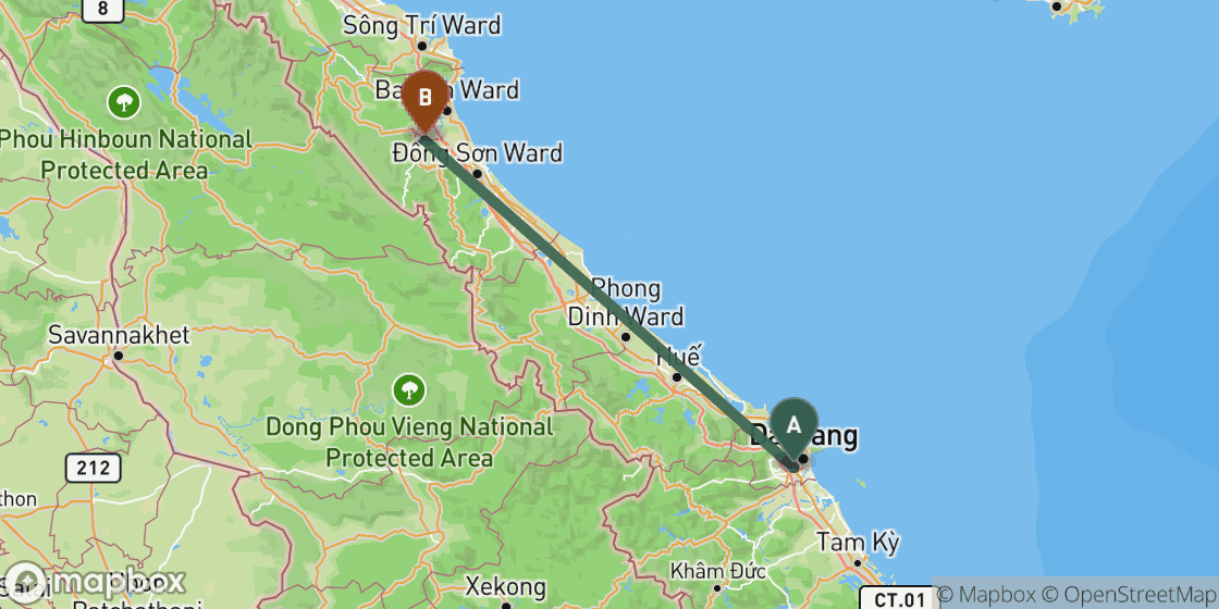 Carte montrant l’itinéraire de Hoi An à Phong Nha - 289 km