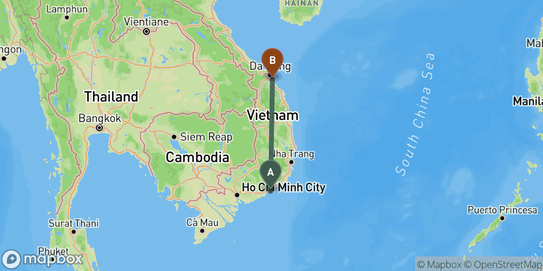 Map showing route from Mui Ne to Hoi An - 544 km
