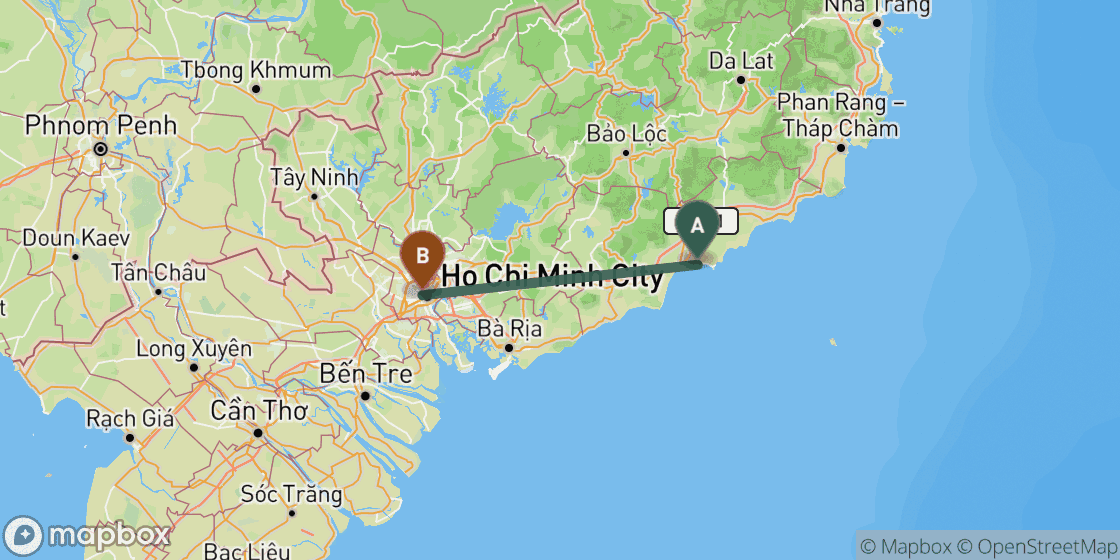 Map showing route from Mui Ne to Ho Chi Minh - 171 km