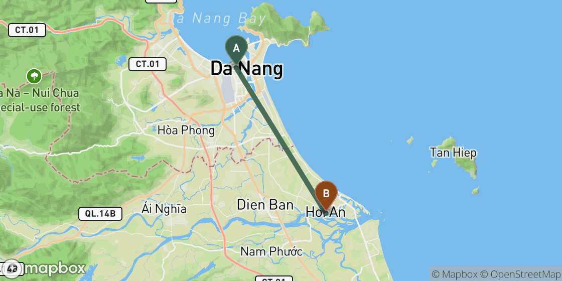 Map showing route from Danang Railway Station to Da Nang City Centre - 31 km