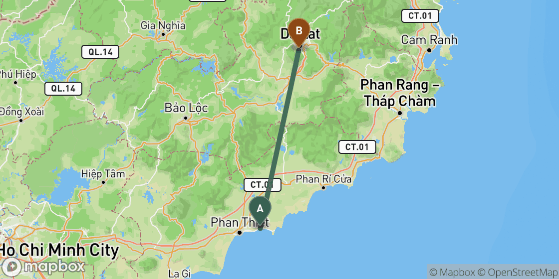 Map showing route from Mui Ne to Dalat - 109 km