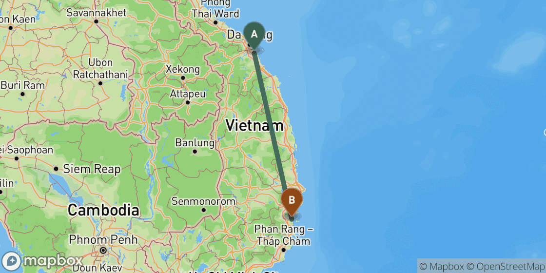 Map showing route from Hoi An to Nha Trang - 414 km