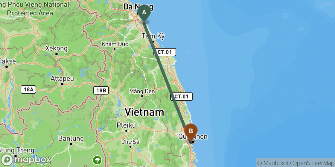 Mapa que muestra la ruta de Hoi An a Quy Nhon - 254 km