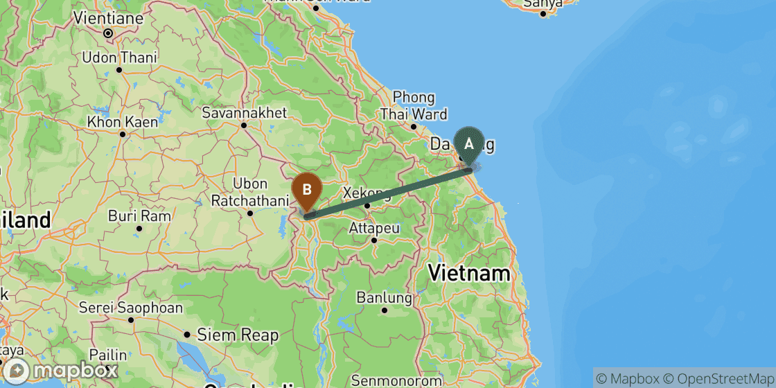 Map showing route from Hoi An to Pakse - 286 km