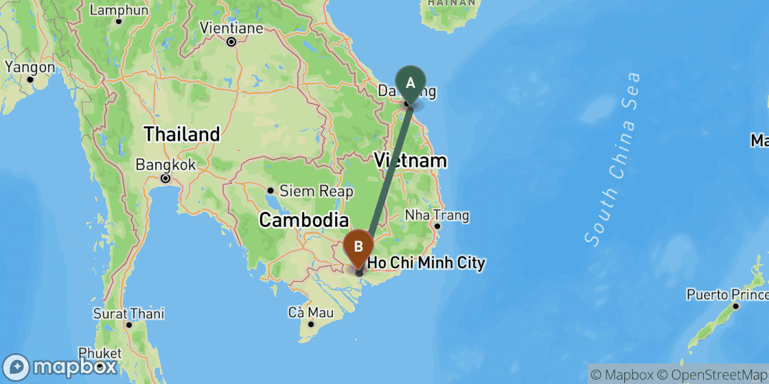 Map showing route from Hoi An to Ho Chi Minh - 594 km