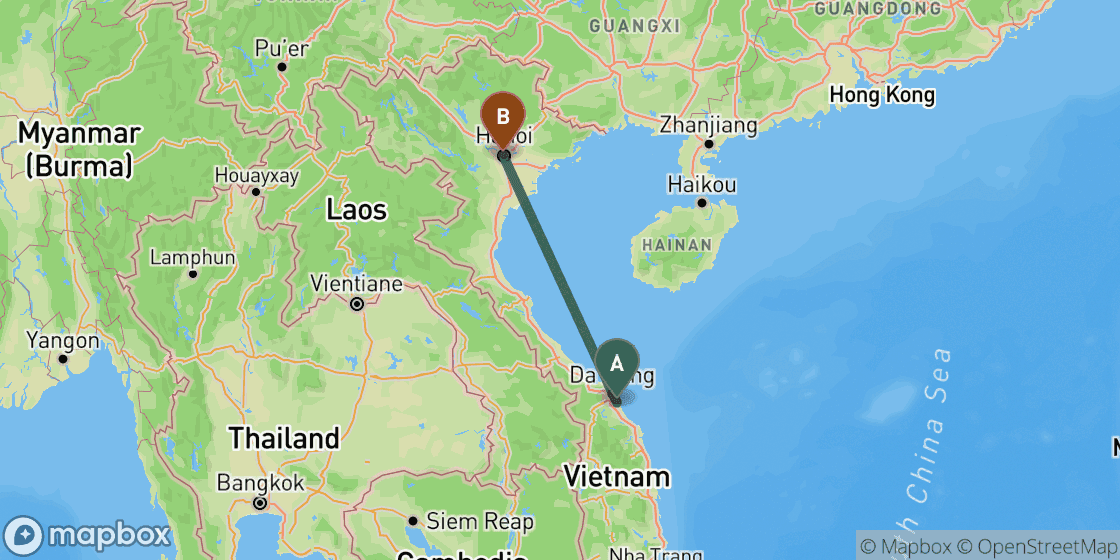 Carte montrant l’itinéraire de Hoi An à Hanoi - 630 km