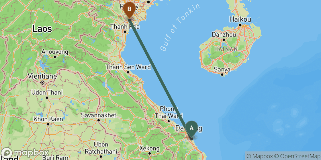 Map showing route from Hoi An to Ninh Binh - 545 km