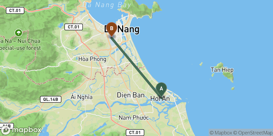 Map showing route from Hoi An to Da Nang - 25 km