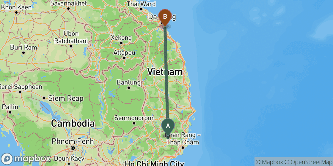 Map showing route from Dalat to Hoi An - 438 km