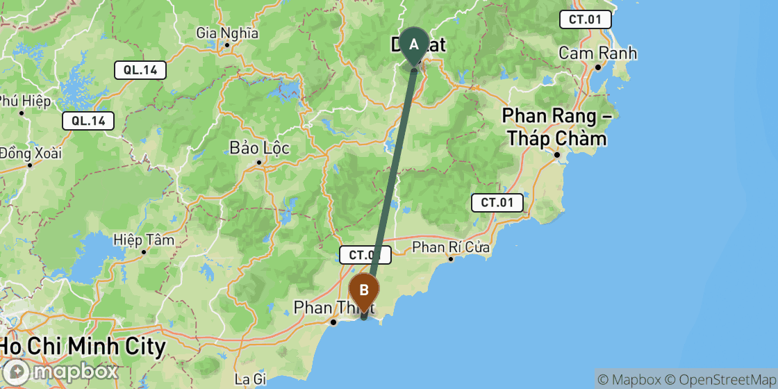 Map showing route from Dalat to Mui Ne - 109 km