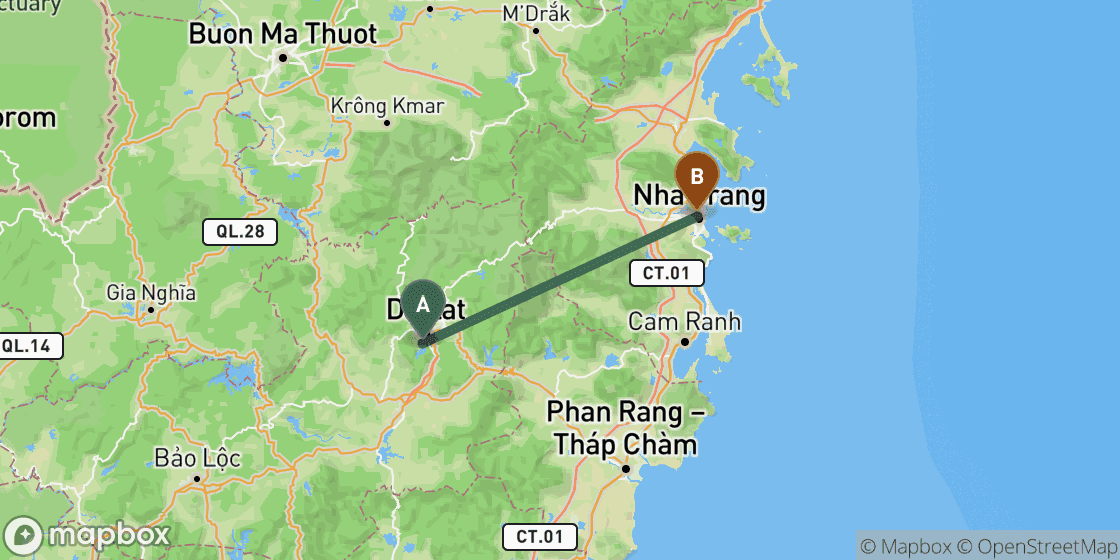 Kaart met de route van Dalat naar Nha Trang - 89 km