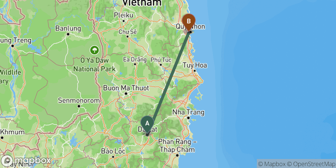 Kaart met de route van Dalat naar Quy Nhon - 221 km