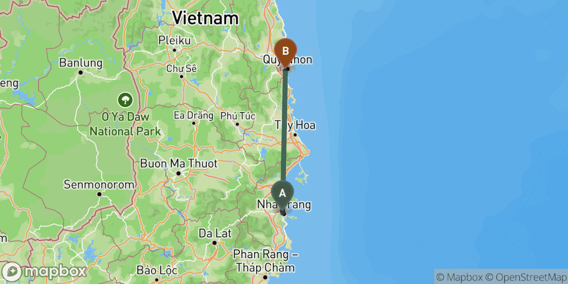 Map showing route from Nha Trang to Quy Nhon - 170 km