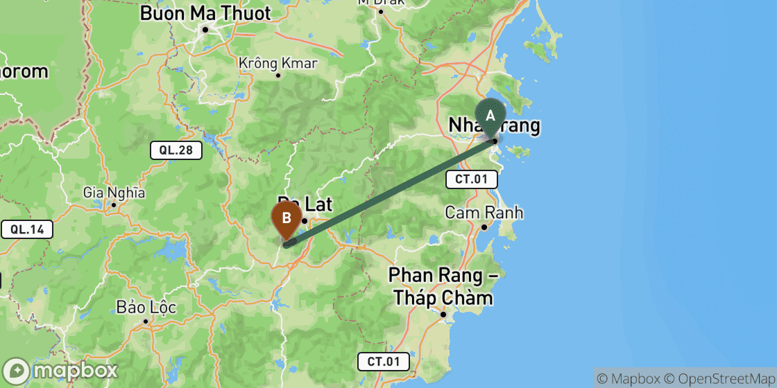 Carte montrant l’itinéraire de Nha Trang à Da Lat - 89 km