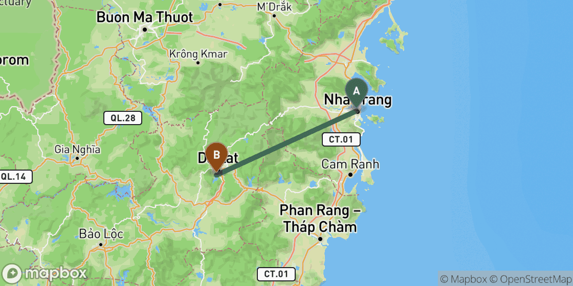 Carte montrant l’itinéraire de Nha Trang à Da Lat - 89 km