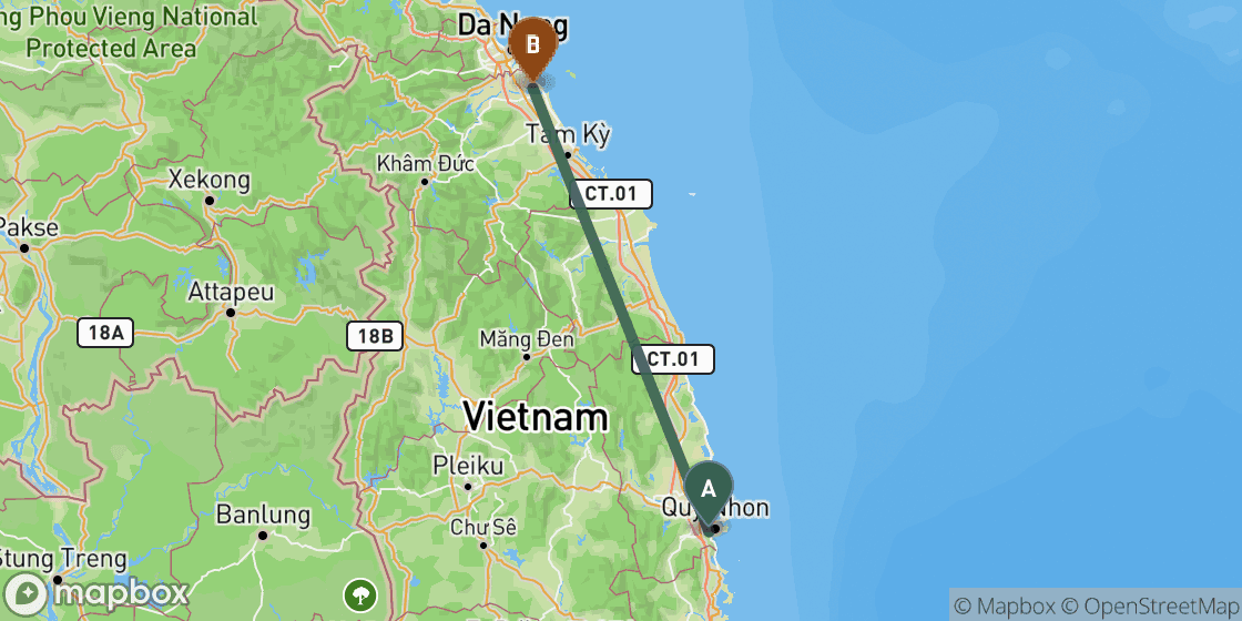 Kaart met de route van Quy Nhon naar Hoi An - 254 km