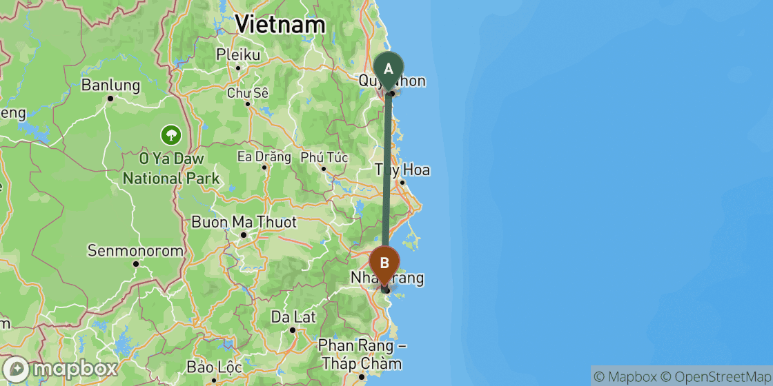 Map showing route from Quy Nhon to Nha Trang - 170 km