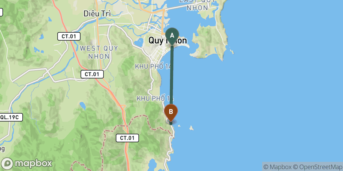 Kaart met de route van Quy Nhon naar Bai Xep - 9 km