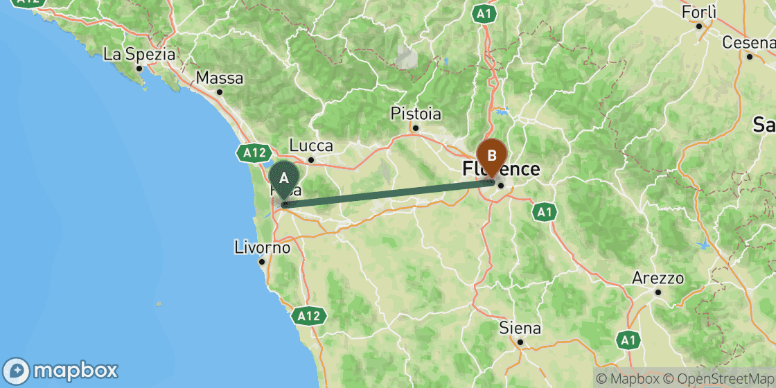 Map showing route from Pisa to Florence - 69 km