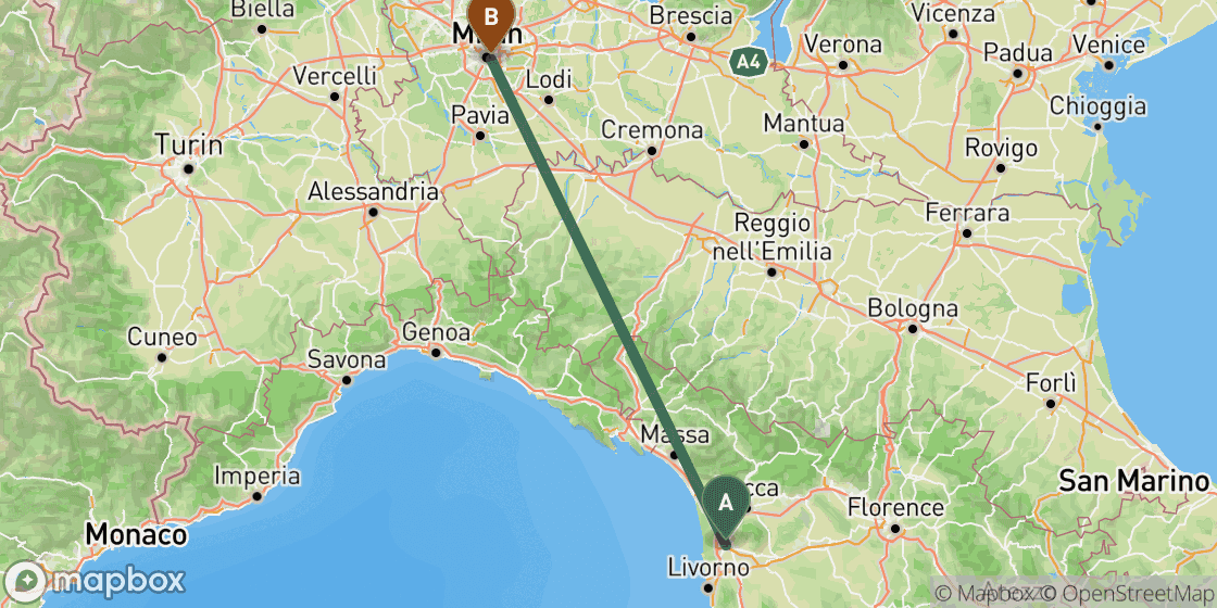 Carte montrant l’itinéraire de Pisa à Milan - 217 km